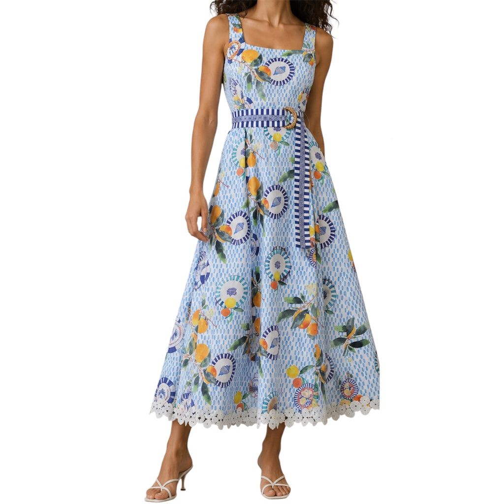 Colourful dress with whimsical pattern and lace trim by Emily Lovelock
