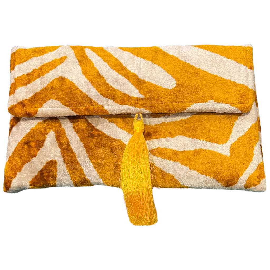 Mustard Yellow Silk and Velvet Clutch with Tassel by Kenmare Cashmere