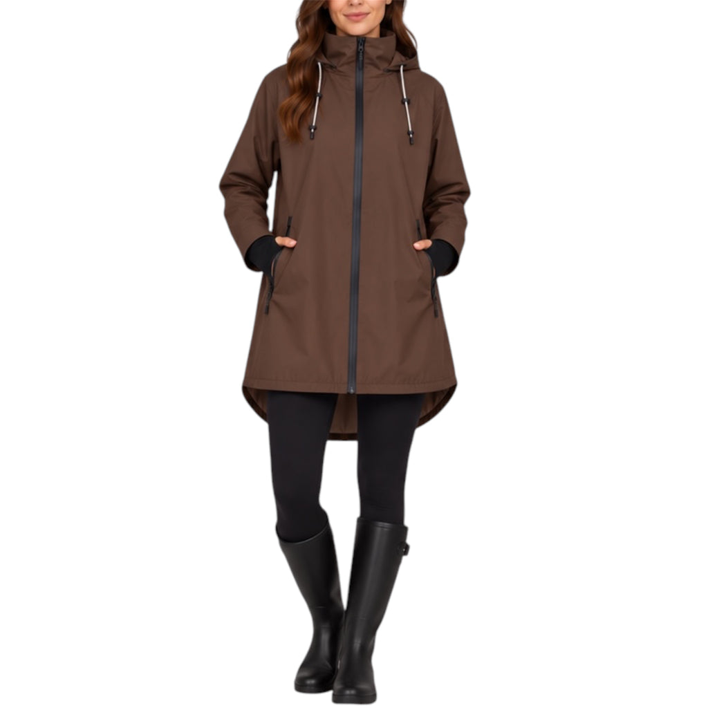 A woman wearing a brown hooded raincoat with a black front zipper, black drawstrings, and black cuffs, paired with black leggings and black rain boots, shown against a plain white background.