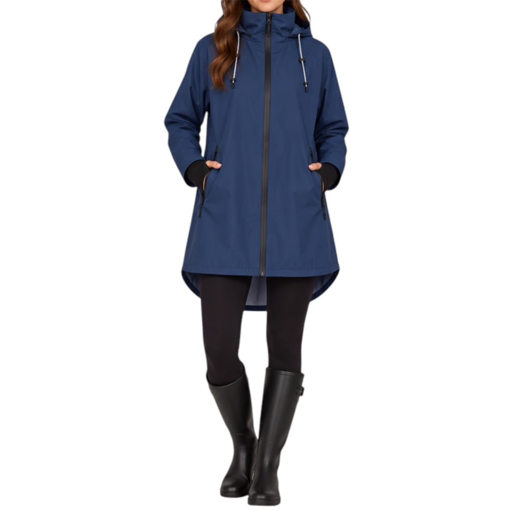 A woman wearing a navy blue hooded raincoat with black trim, black leggings, and black rain boots, shown against a plain white background.