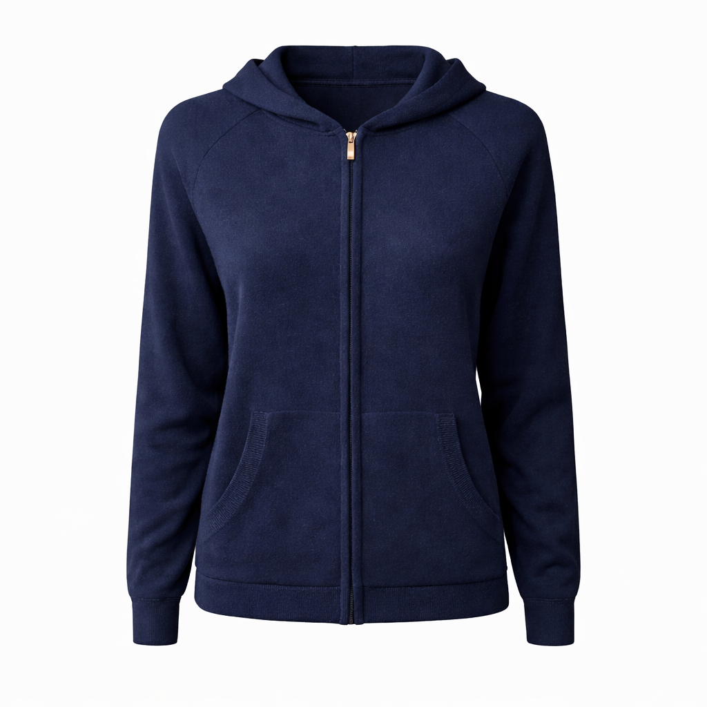 Deep Navy 100% Pure Cashmere Full Zip Hoodie with Patch Pockets by Kenmare Cashmere