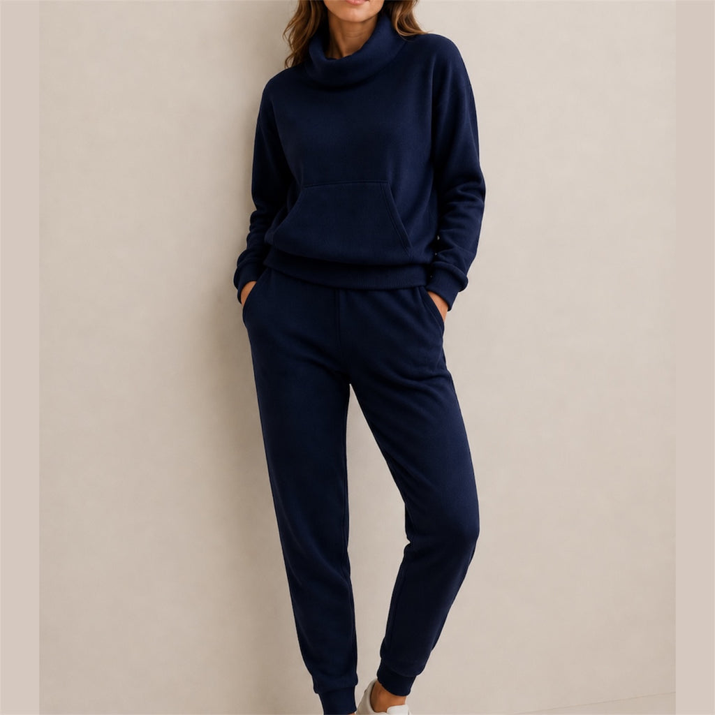 Navy Blue 100% Pure Cashmere Joggers and 100% Pure Cashmere Cowl Neck with Pouch by Kenmare Cashmere