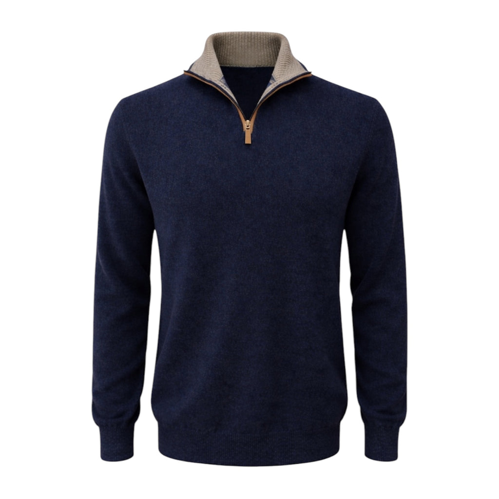 Navy 100% Pure Cashmere Half Zip Sweater with Silver Grey Trim by Kenmare Cashmere