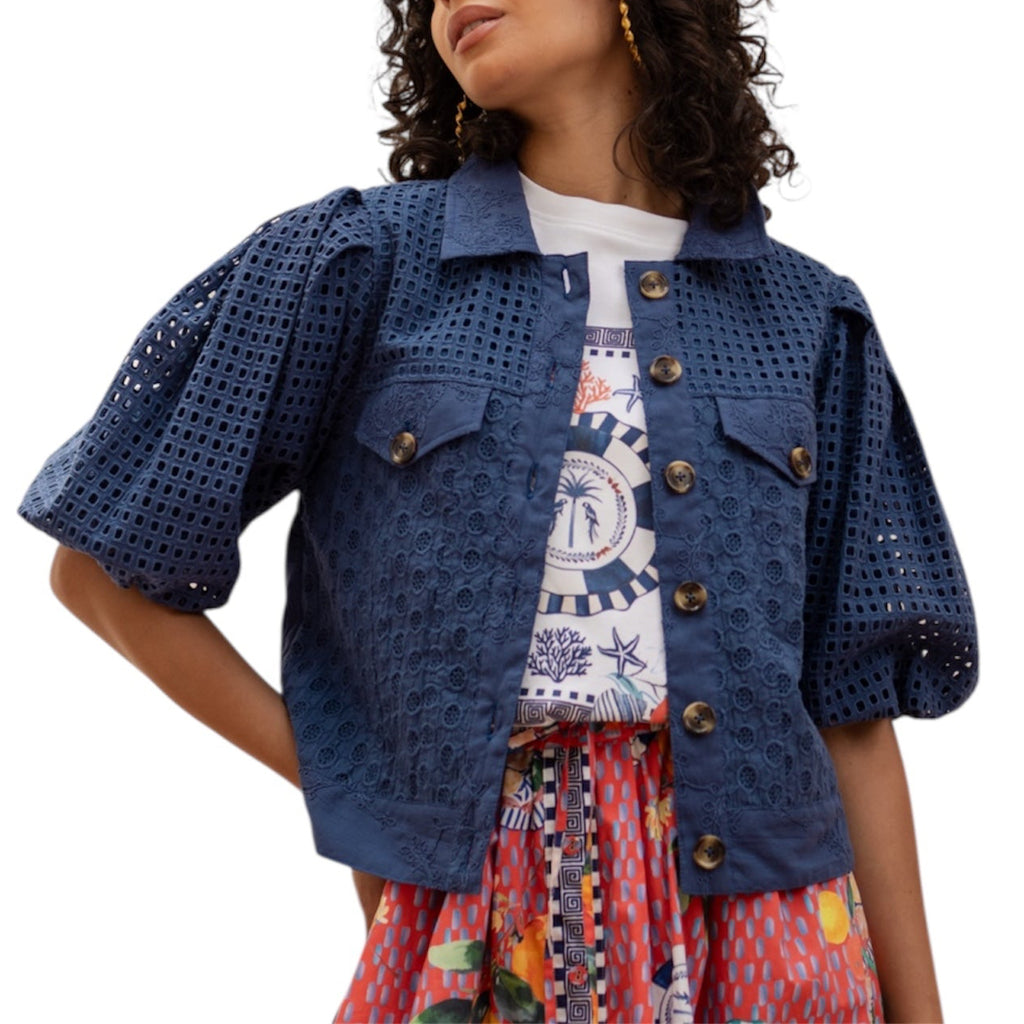 Navy Cotton Summer Jacket with Lace Design by Emily Lovelock