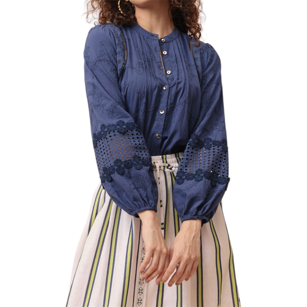 Navy Embroidered  Blouse with gold buttons by Emily Lovelock