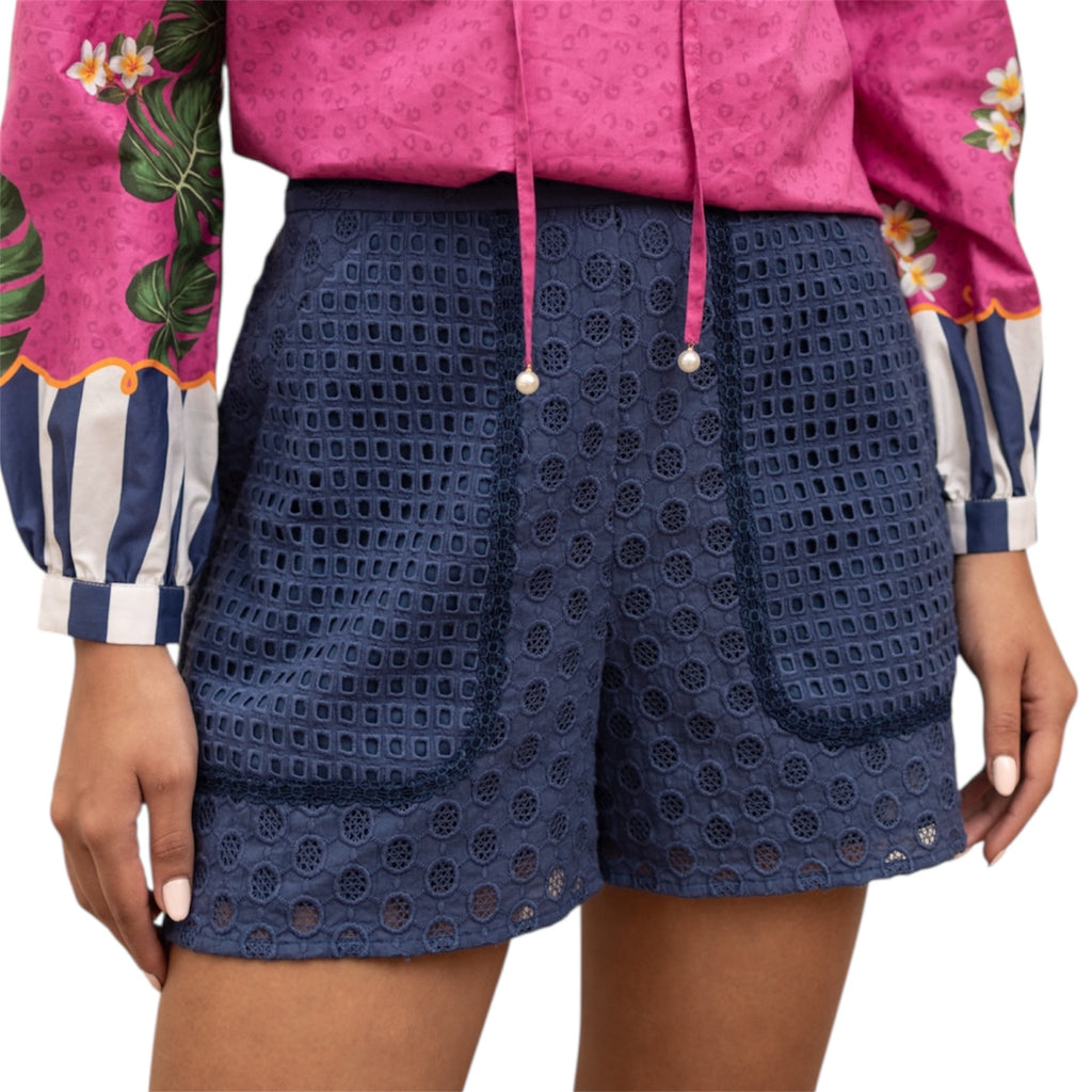Navy embroidered shorts with lace details