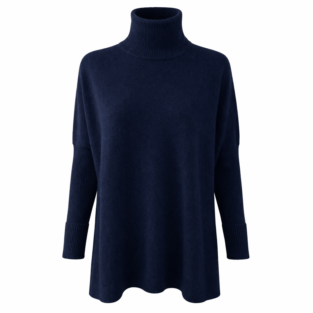 Deep Navy Roll Neck 100% Pure Cashmere Tunic with Side Slits by Kenmare Cashmere