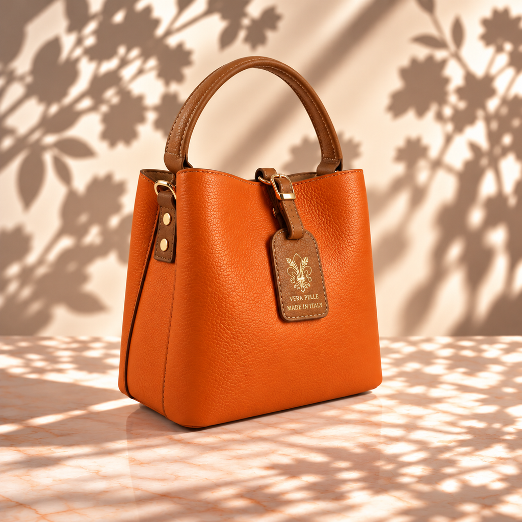 An orange pebbled leather handbag with tan handles and a front hanging tag, photographed on a light surface with leafy shadows cast across it. The tag is branded Vera Pelle.