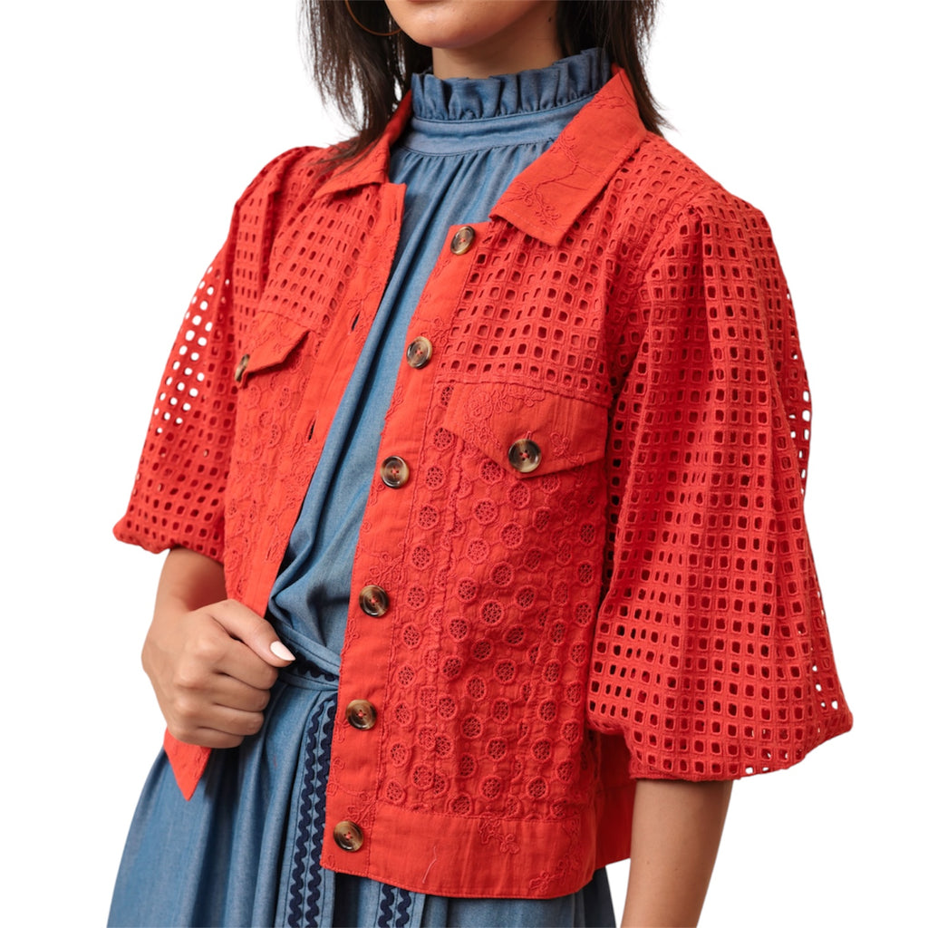 Orange Cotton Summer Jacket with Lace Design by Emily Lovelock