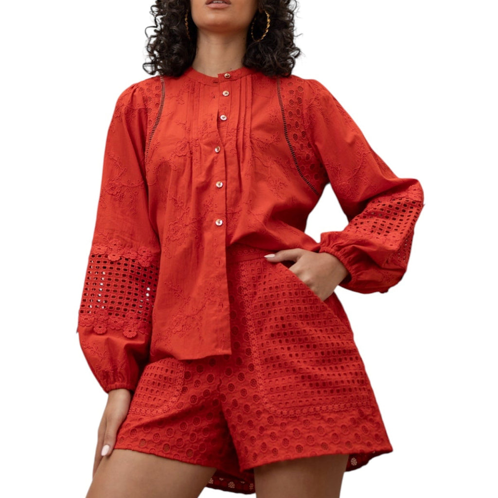 Orange Embroidered  Blouse with gathered sleeves and Matching Shorts by Emily Lovelock
