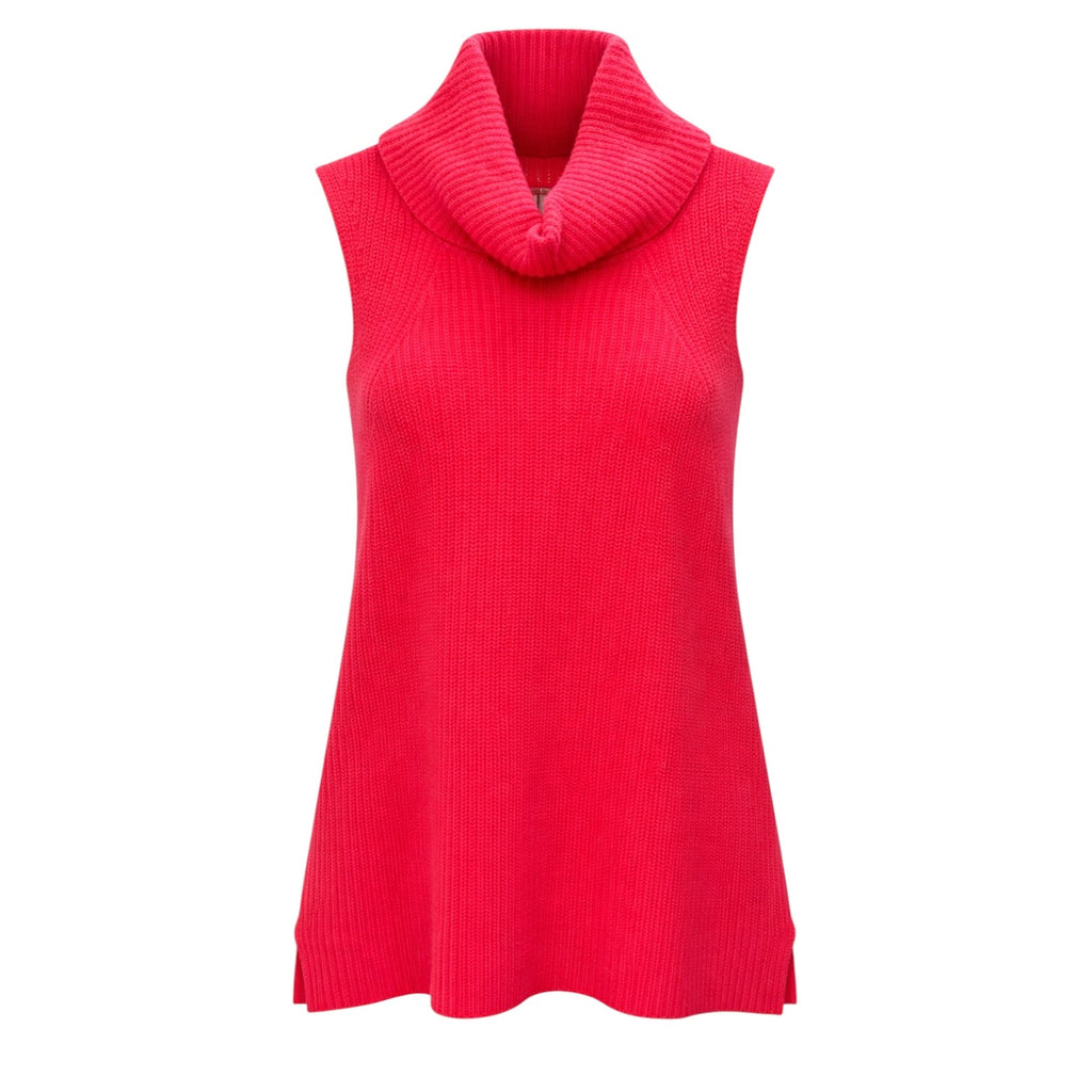 Hibiscus Pink 4-ply Cashmere Cowl Neck Ribbed Sweater Vest by Kenmare Cashmere