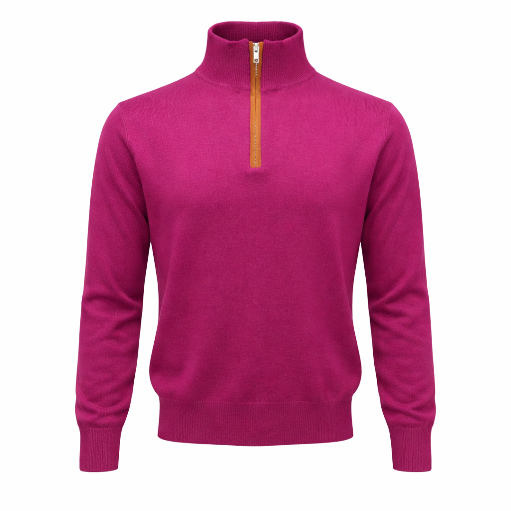 Raspberry Cashmere Throw Raspberry Half Zip with Leather Trim - Kenmare Cashmere
