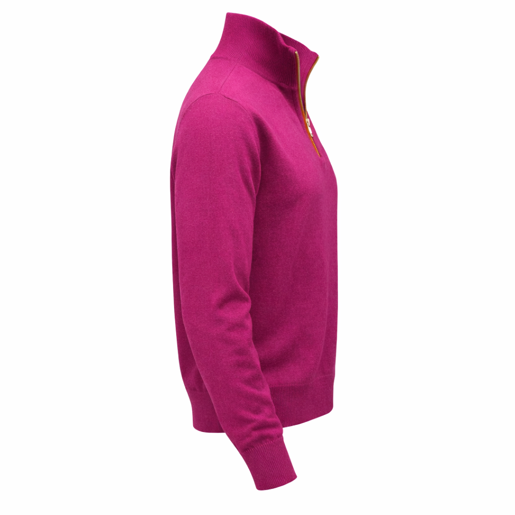 Raspberry Cashmere Throw Raspberry Half Zip with Leather Trim - Kenmare Cashmere