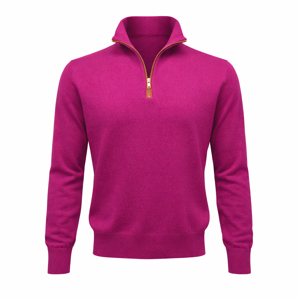 Rich Raspberry 100% Pure Cashmere Half Zip Sweater with Tan Genuine Italian Leather Trim by Kenmare Cashmere