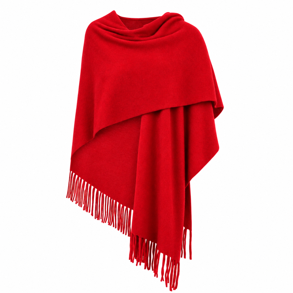 A vibrant red cashmere cape with fringed edges, draped on a solid white background.