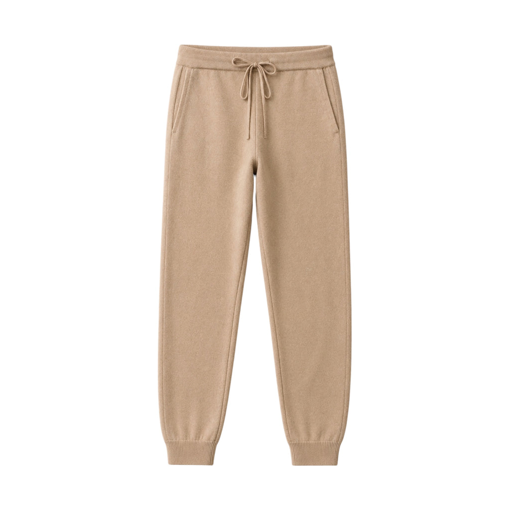 Soft Beige 100% Pure Cashmere Joggers with Ribbed Cuff and Drawstring Waist by Kenmare Cashmere