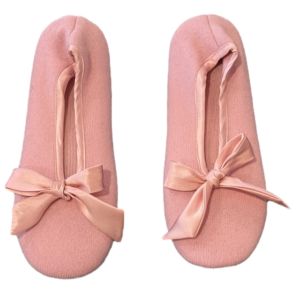 Soft Pink 100% Pure Cashmere Slippers with Satin Effect Bow and Trim by Kenmare Cashmere