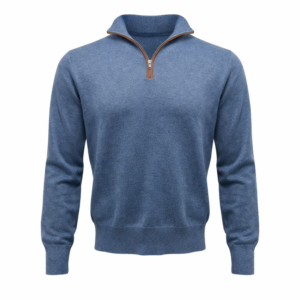 Steel Blue 100% Pure Cashmere Half Zip Sweater with Tan Genuine Italian Leather Trim by Kenmare Cashmere