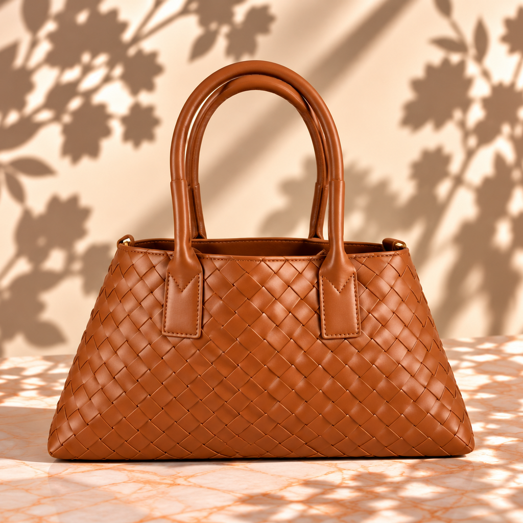 A brown woven leather handbag with double top handles, displayed on a surface with leaf shadows cast across it against a beige background.