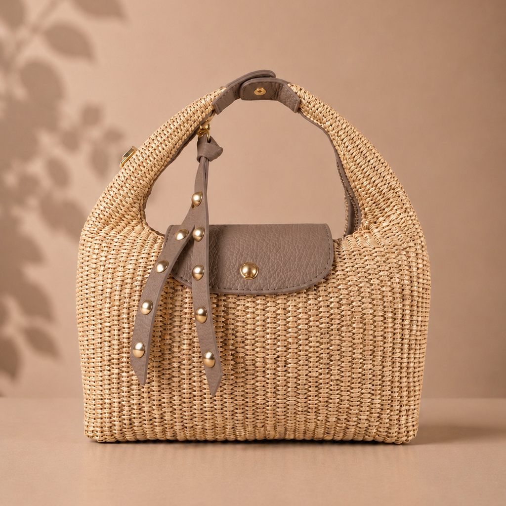 Cream Raffia and Dollar Leather Pinch Bag by Kenmare Cashmere
