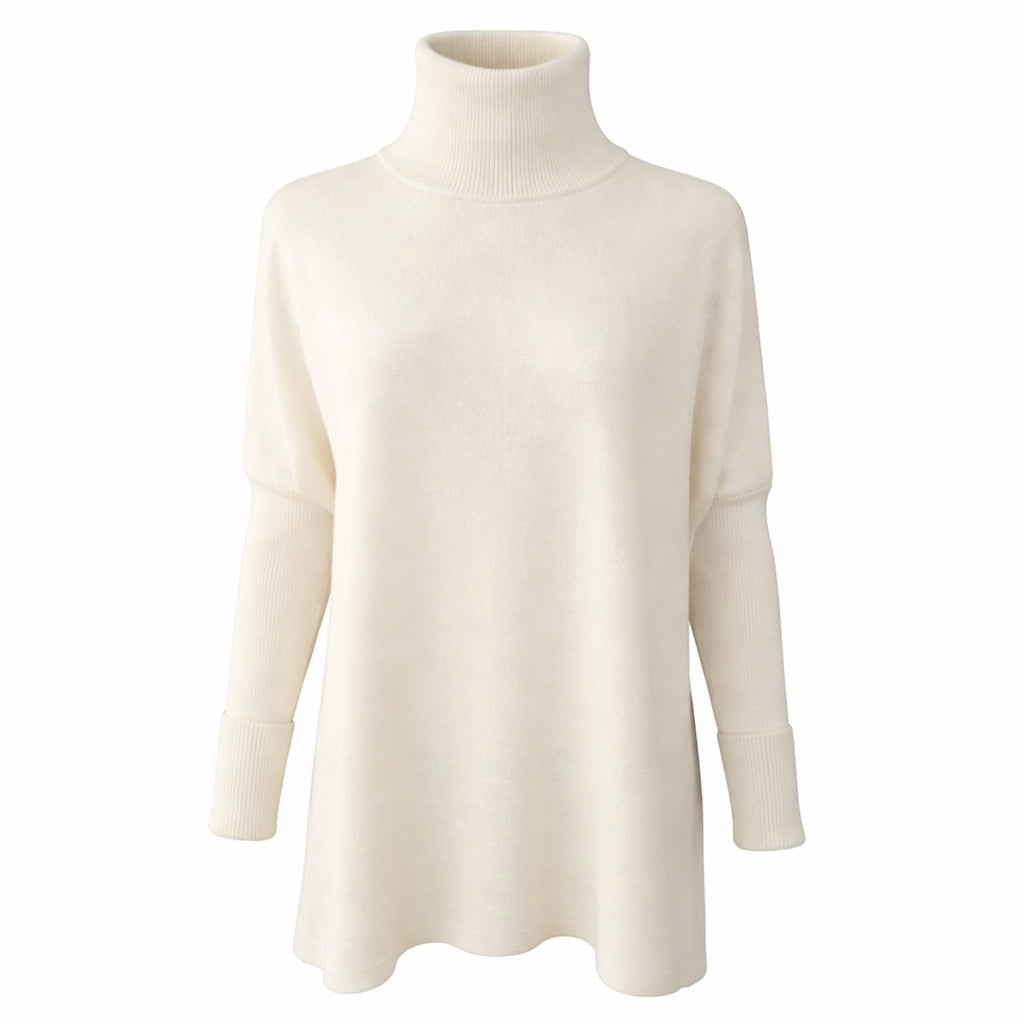 Warm Winter White Navy Roll Neck 100% Pure Cashmere Tunic with Side Slits by Kenmare Cashmere