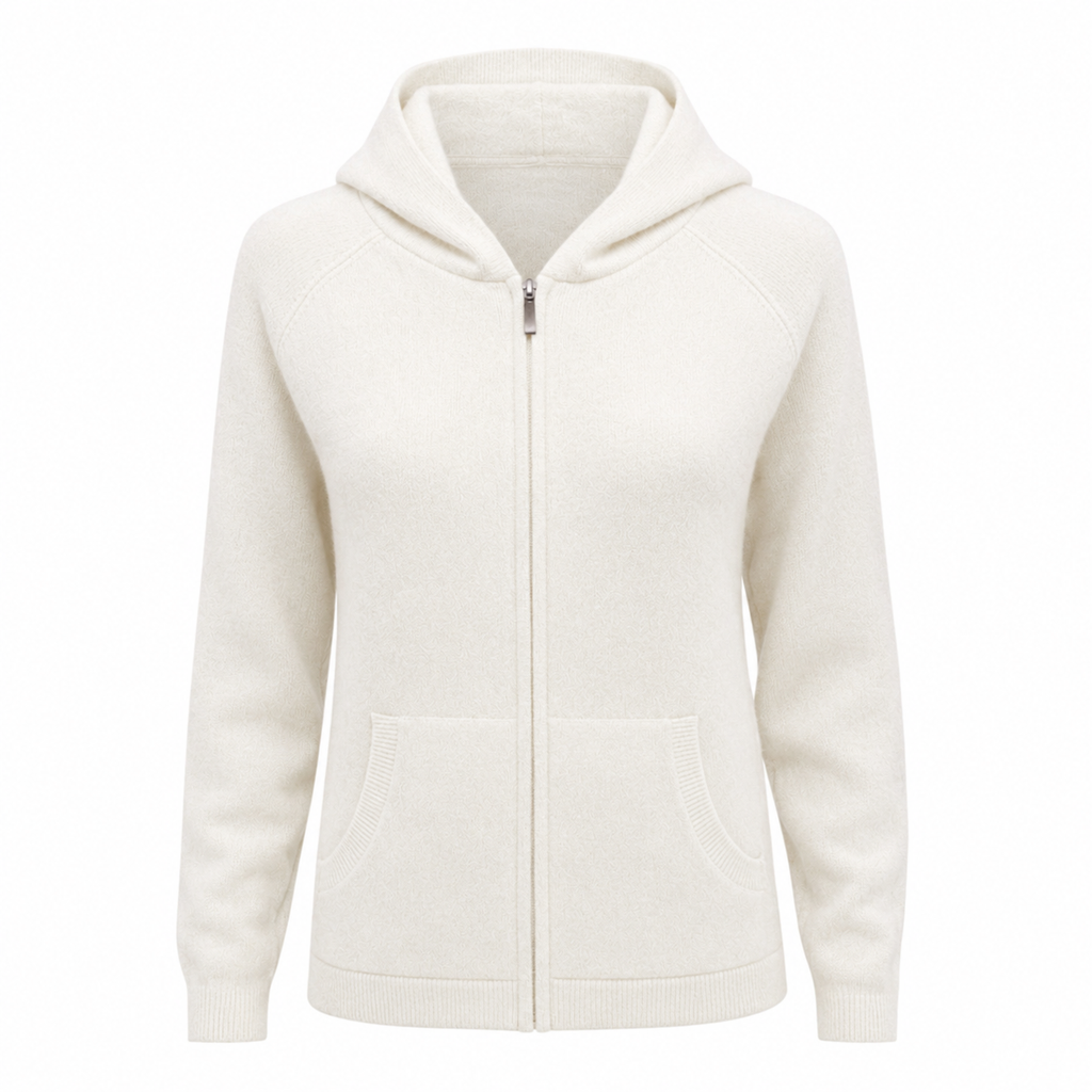 Winter White 100% Pure Cashmere Hoodie by Kenmare Cashmere