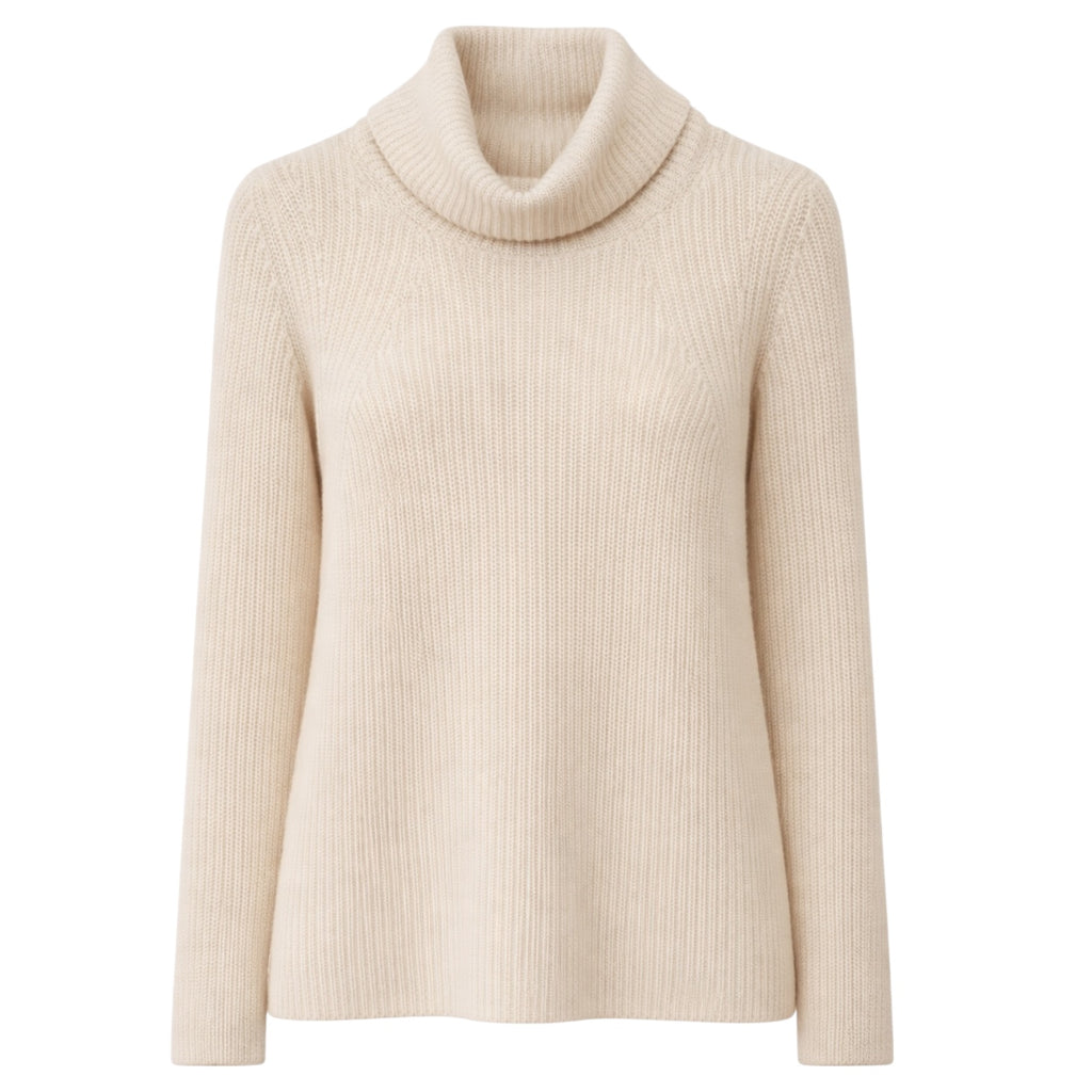 Kenmare Cashmere 4-ply pure cashmere roll collar sweater in champagne neutral tone.