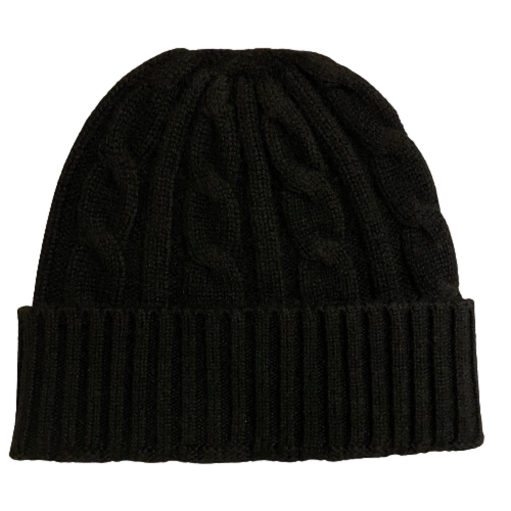 Black cashmere beanie with cable knit finish