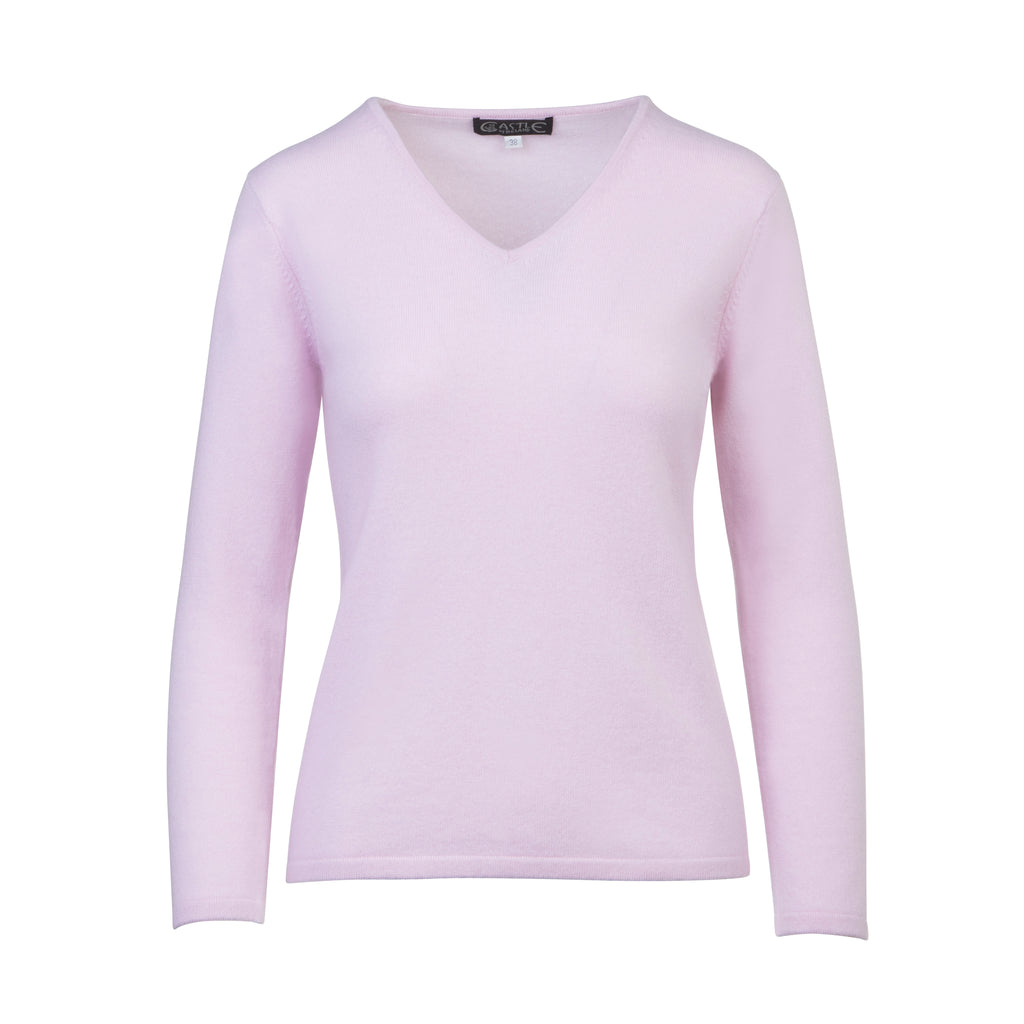 Soft Baby Pink 100% Pure Cashmere V Neck Sweater by Kenmare Cashmere