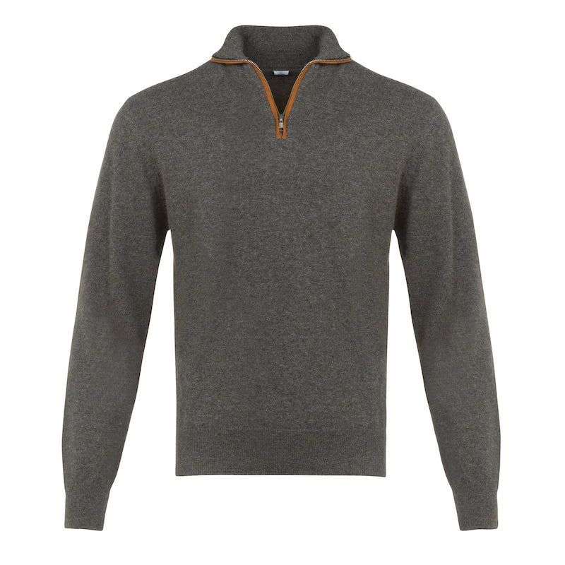 Half Zip With Leather Trim in Charcoal Grey