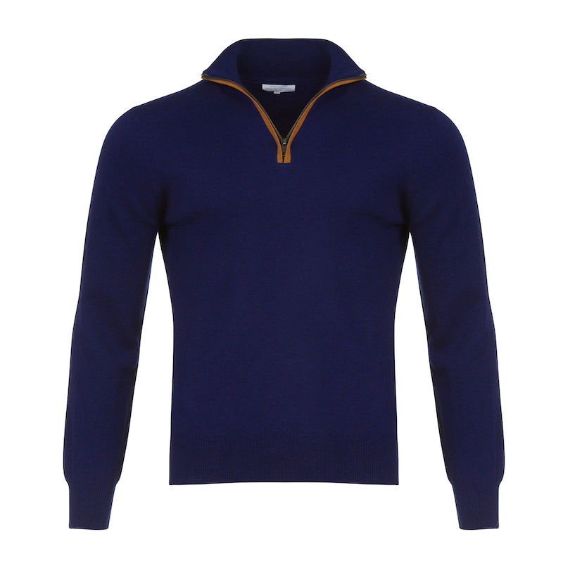 Half Zip With Leather Trim in Navy