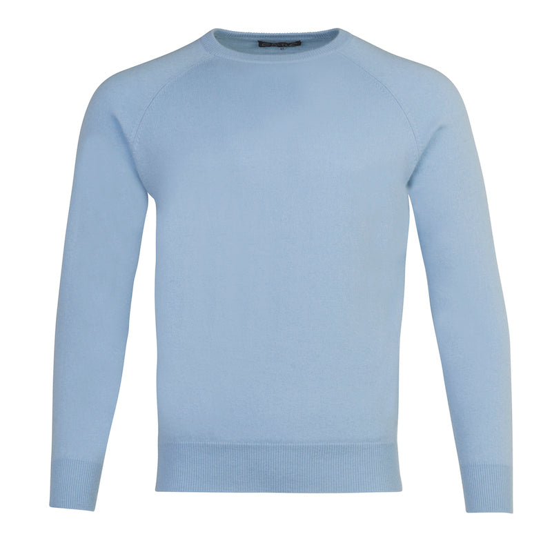 Men’s Baby Blue 100% Pure Cashmere Crew Neck with Ribbed Collar, Hem and Cuffs by Sweater Kenmare Cashmere