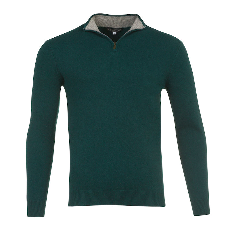 Deep Hunter Green Cashmere Half Zip Sweater with Two Tone Light Grey Collar by Kenmare Cashmere