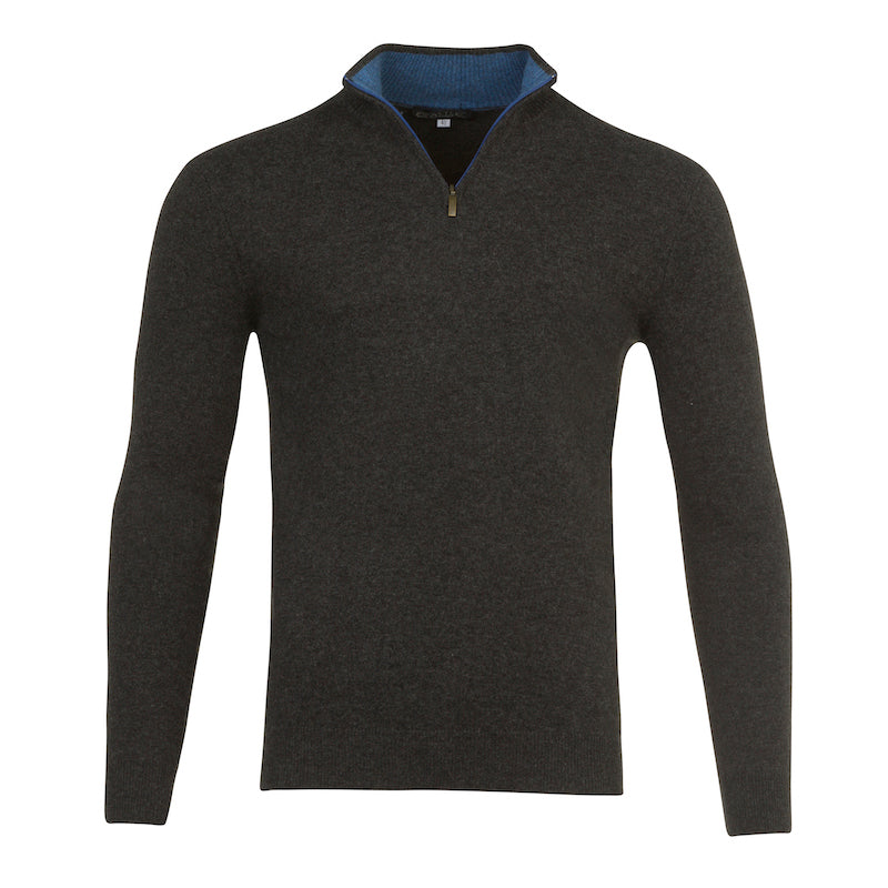 Deep Charcoal Grey Cashmere Half Zip Sweater with Two Tone Denim Blue Collar by Kenmare Cashmere