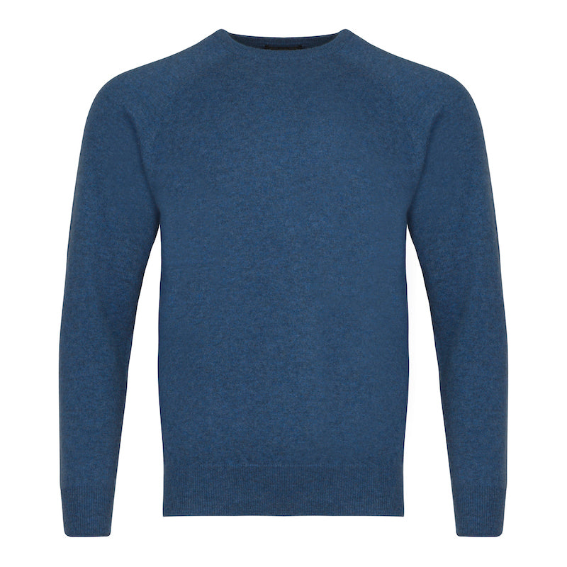 Men’s Denim Blue 100% Pure Cashmere Crew Neck with Ribbed Collar, Hem and Cuffs by Sweater Kenmare Cashmere