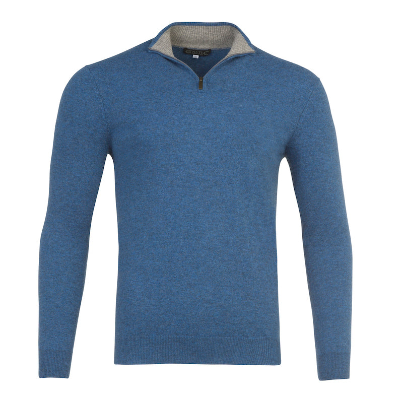 Denim Blue Cashmere Half Zip Sweater with Two Tone Light Grey Collar by Kenmare Cashmere