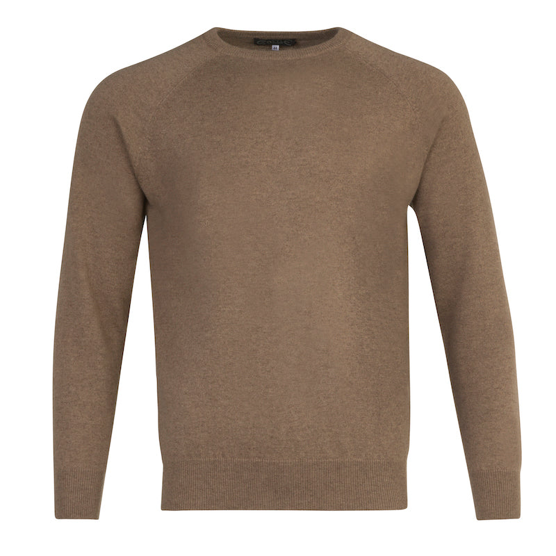 Men’s Light Brown 100% Pure Cashmere Crew Neck with Ribbed Collar, Hem and Cuffs by Sweater Kenmare Cashmere