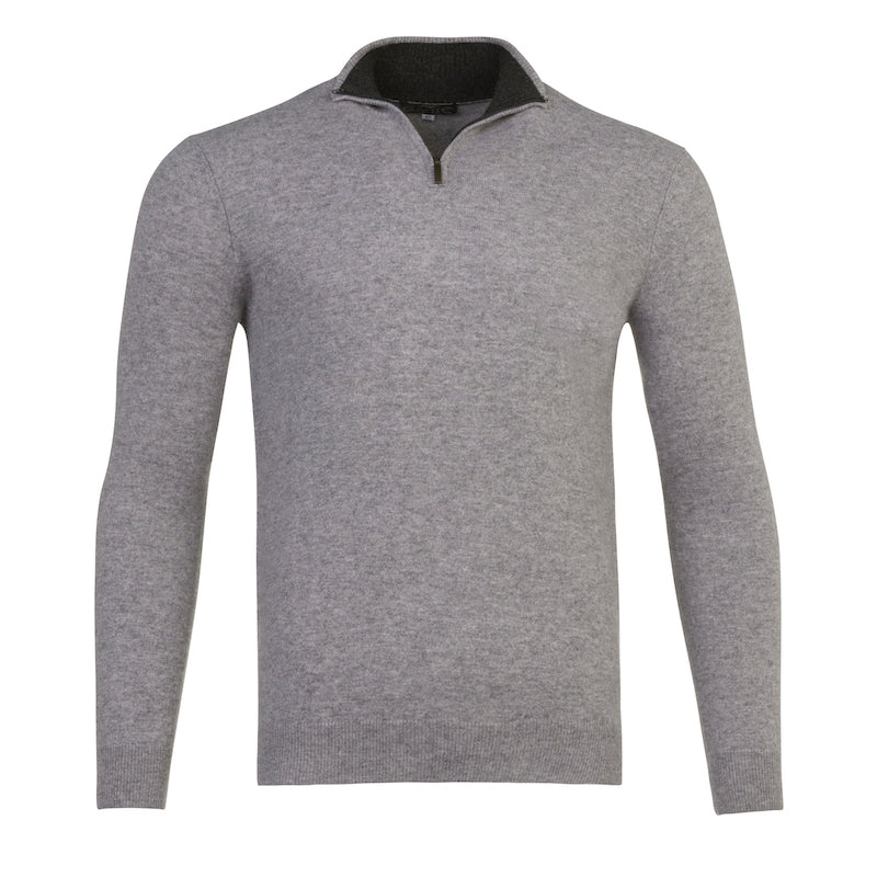 Light Grey Cashmere Half Zip Sweater with Two Tone Dark Grey Collar by Kenmare Cashmere