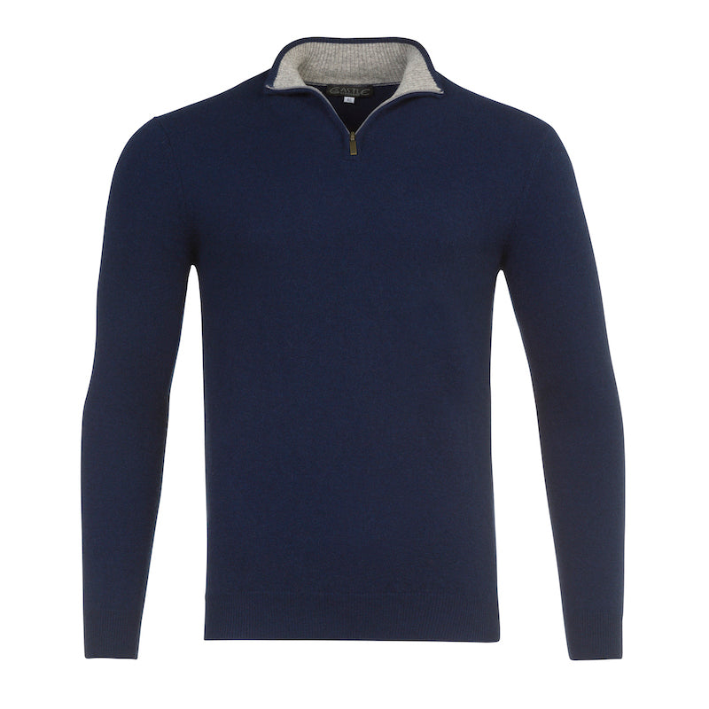 Deep Navy Cashmere Half Zip Sweater with Two Tone Light Grey Collar by Kenmare Cashmere
