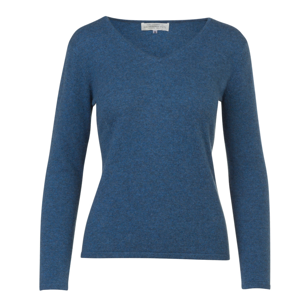 Women's V-Neck Cashmere Sweater in Denim Blue