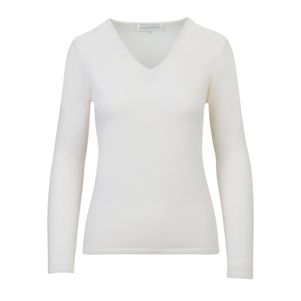 Women's V-Neck Cashmere Sweater in Winter White