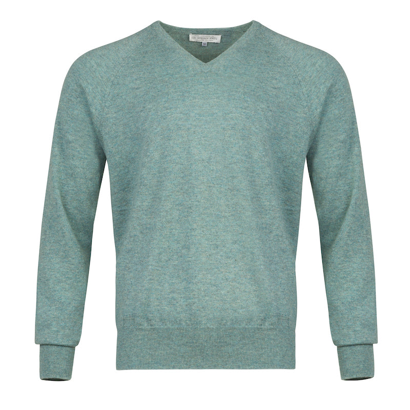 Men’s sea green cashmere V-neck sweater by Kenmare Cashmere